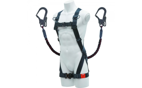 （株）基陽  XPTKLSPWK2  ＫＨ　ハーネス型墜落制止具（ベルトなし・ランヤード２本）　ＴハーネスＸ型（シンプルタイプ）＋２丁掛けランヤード　セット　スチールフック＋伸縮性ランヤード