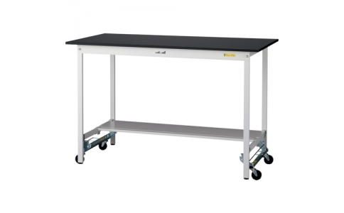 山金工業（株）  SLKUH-1575T-BKW  ヤマテック　ワークテーブルＬＡＢシリーズ　ワンタッチ移動タイプＨ９５０ｍｍ　半面棚板付　ケミテクト天板　Ｗ１５００×Ｄ７５０