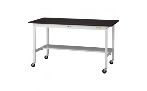 山金工業（株）  SLMC-1575T-BRW  ヤマテック　ワークテーブルＬＡＢシリーズ　移動式Ｈ８２５ｍｍ　半面棚板付　指紋レスメラミン天板　Ｗ１５００×Ｄ７５０