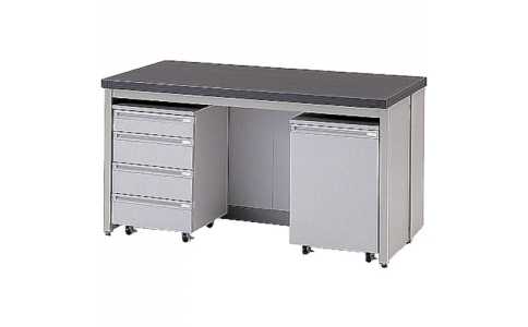 三進金属工業（株）  E2B2C6AA1  ＳＡＮＳＨＩＮ　スチール実験台エコプラッテ２　中央実験台　吊り引出し・試薬棚タイプ　Ｗ１８００ｘＤ１２００