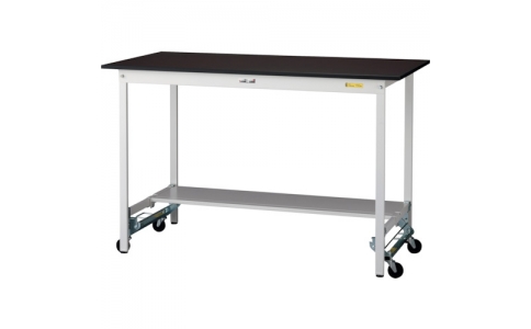 山金工業（株）  SLMUH-1575T-BRW  ヤマテック　ワークテーブルＬＡＢシリーズ　ワンタッチ移動タイプＨ９５０ｍｍ　半面棚板付　指紋レスメラミン天板　Ｗ１５００×Ｄ７５０