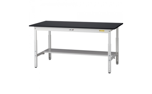 山金工業（株）  SLKA-1575T-BKW  ヤマテック　ワークテーブルＬＡＢシリーズ　高さ調整タイプＨ６００～９００ｍｍ　半面棚板付　ケミテクト天板　Ｗ１５００×Ｄ７５０