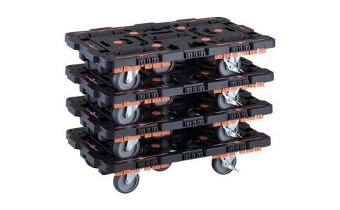 トラスコ中山（株）  BT700KJ5S2-E100-M4  ＴＲＵＳＣＯ　まとめ買い　連結式樹脂製平台車　ビートル　７００Ｘ４５０　自在５輪　内２輪ストッパー付　柵付　４台セット