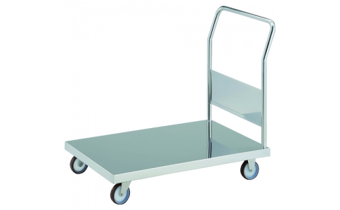 トラスコ中山（株）  KAS-3-100NU  ＴＲＵＳＣＯ　オールステンレス製運搬車　抗菌ステンレス天板台車　（固定ハンドルタイプ・ナイロンウレタン車輪）　８００×４５０