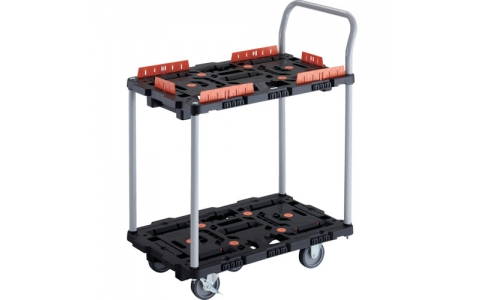 トラスコ中山（株）  BT724KJ3S2-E100  ＴＲＵＳＣＯ　連結式樹脂製２段台車　ビートル　７００Ｘ４５０　自在３輪　内２輪ストッパー付　柵　ハンドル付