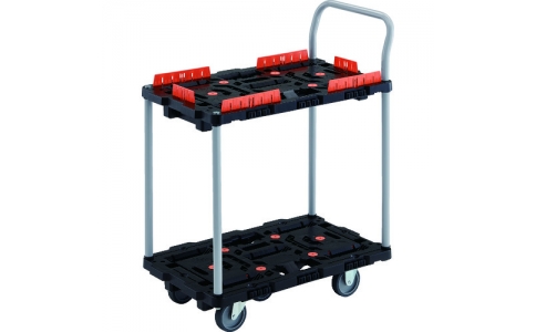 トラスコ中山（株）  BT724KJ3-E100  ＴＲＵＳＣＯ　連結式樹脂製２段台車　ビートル　７００Ｘ４５０　自在３輪　柵　ハンドル付