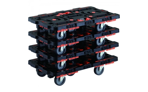 トラスコ中山（株）  BT700KJ5-E100T-M4  ＴＲＵＳＣＯ　まとめ買い　連結式樹脂製平台車　ビートル　７００Ｘ４５０　自在５輪　柵　とめたろう付　４台セット