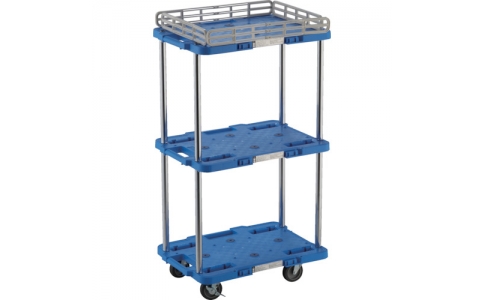 トラスコ中山（株）  MPB-503JSK-B  ＴＲＵＳＣＯ　樹脂製台車　ルートバン　３段式　柵１段付　３７０Ｘ５００　４輪自在ストッパー付　青